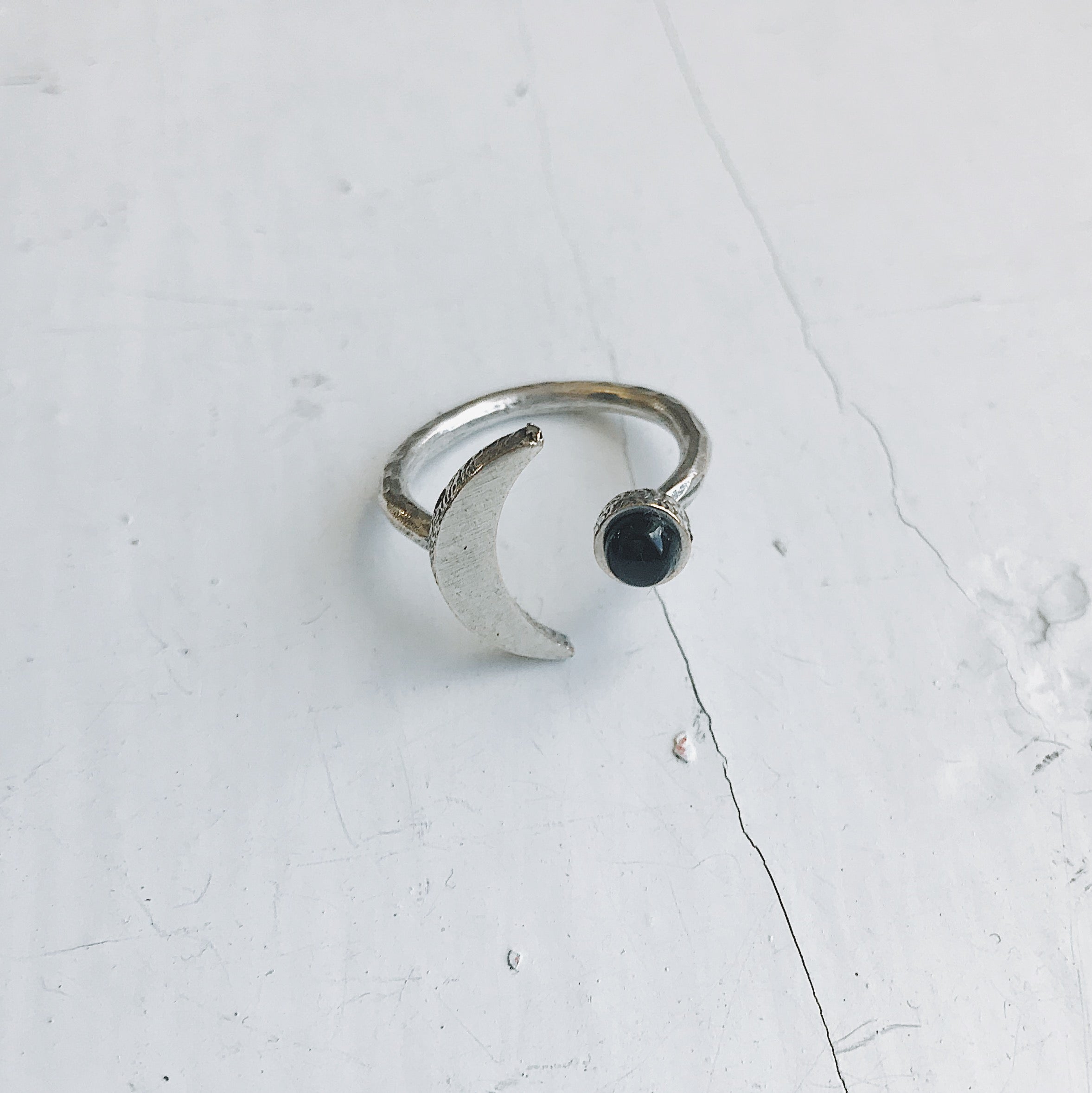 CLEARANCE Crescent Moon Ring with Black Onyx