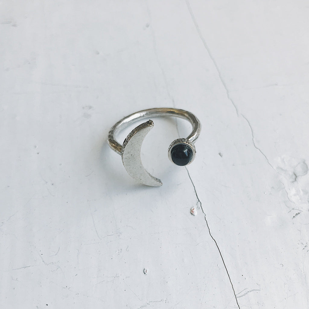 CLEARANCE Crescent Moon Ring with Black Onyx