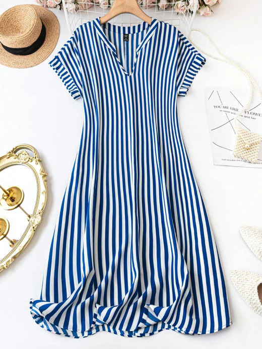A Summer Casual Striped Notched Neck Short Sleeve Midi Dress