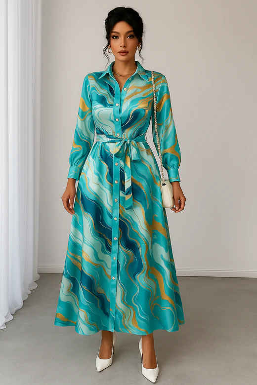 An aqua marble print shirt dress