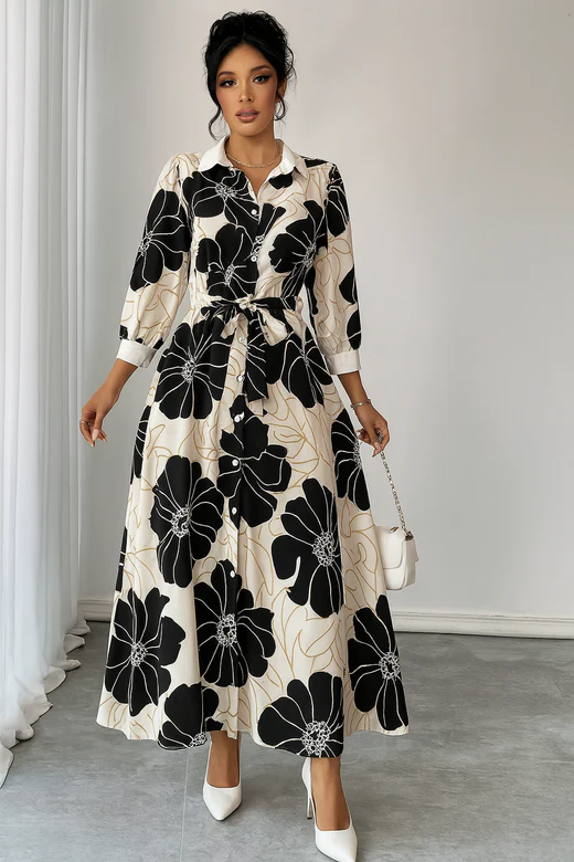 A sophisticated monochrome floral dress